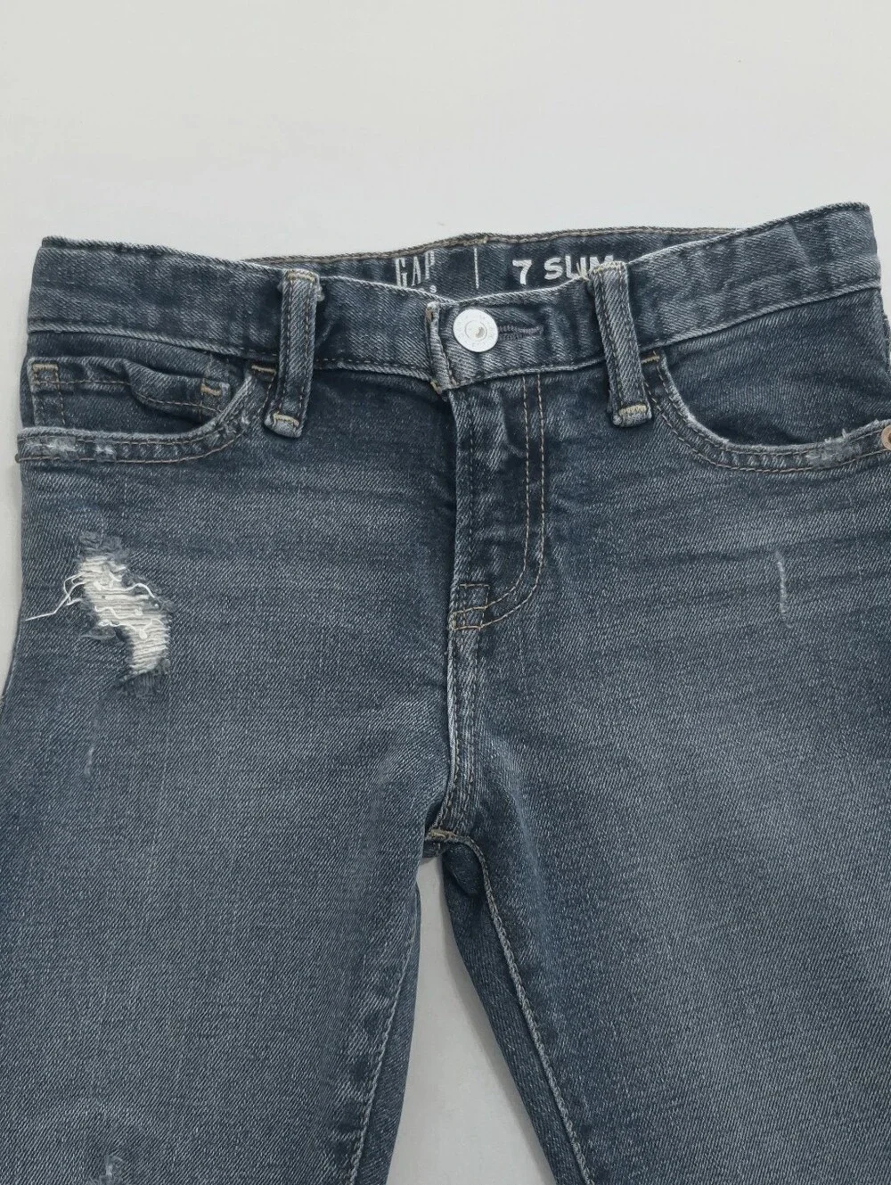 GAP Kids Boys 7 Slim Jeans Distressed Rip Repair Blue Wash Adjustable Waist
